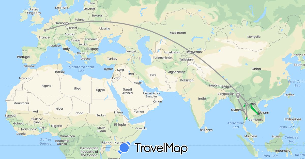 TravelMap itinerary: bus, plane, hitchhiking, motorbike in France, Laos, Myanmar (Burma), Thailand (Asia, Europe)